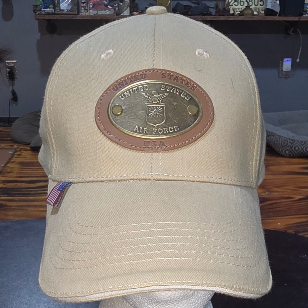 Dome Home US Air Force Hat Tan Cotton Adjustable Brass Metal Plate‎ Patch Cap